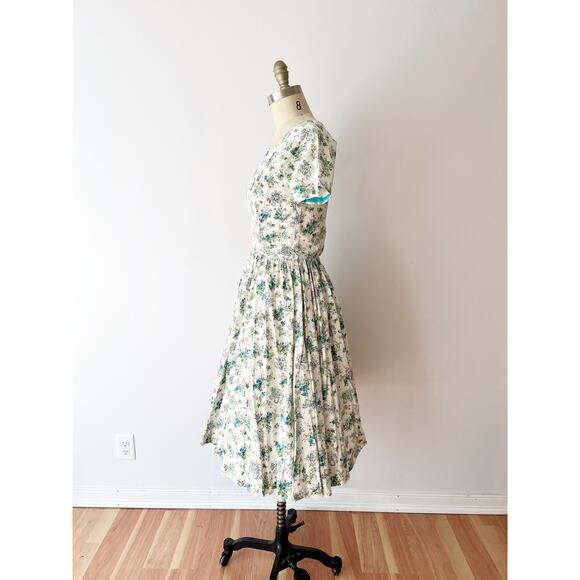 SIZE XS / S 1950s Toile Print Floral Cotton Dress - Summer, Vintage, White - Picture 4 of 9